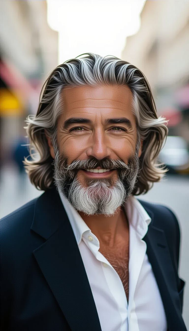 Smiling Man with Gray Hair in Street Photography Style