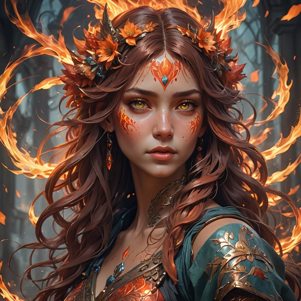 Detailed Fire Nymph Portrait in Art Nouveau Style