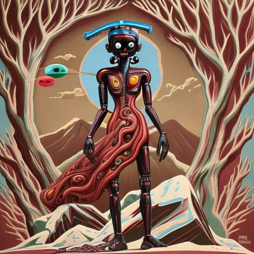 Surreal Anthropomorphic Figure on Hill, Impasto Painting