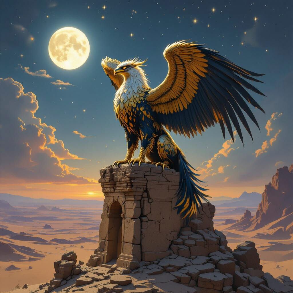 Majestic Griffin on Ancient Ruin Under Twin Moons
