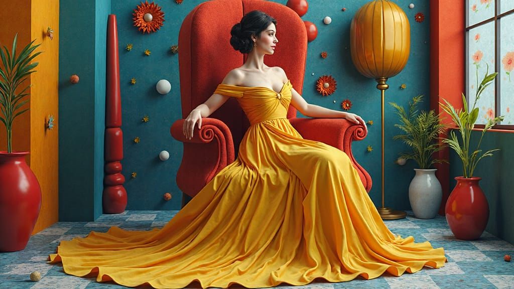 Woman on Throne in Surreal Cubist Dreamscape