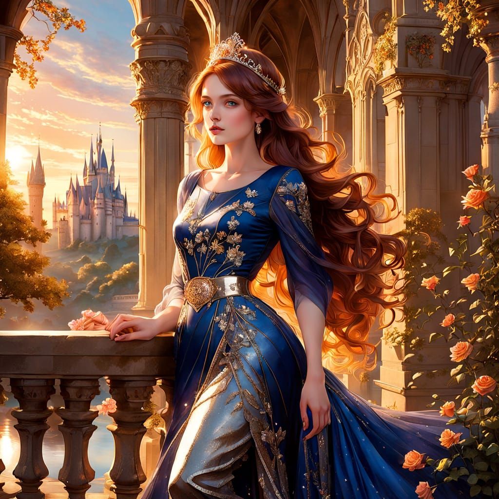 Princess on Castle Balcony in Fairy-Tale Style