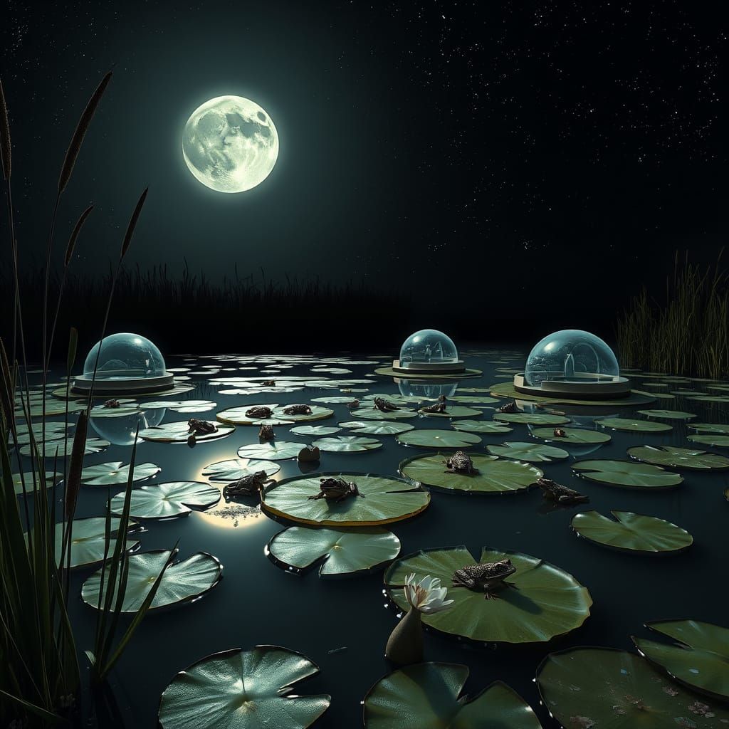 Moonlit Pond with Frogs in Spaceship-Lily Pads