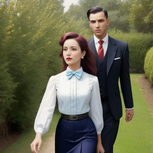 Elegant Couple Strolling in Early 20th Century Style