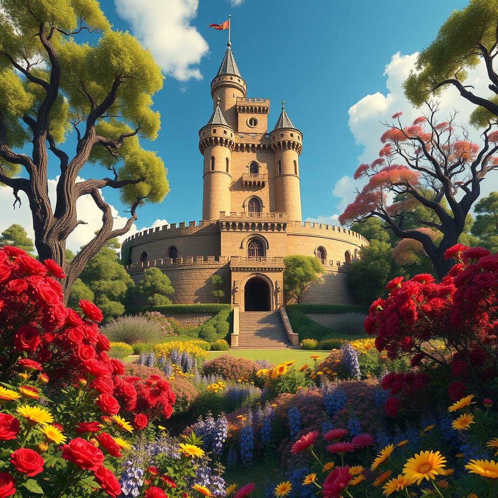 Majestic, Tiered Castle in Vibrant Gardens