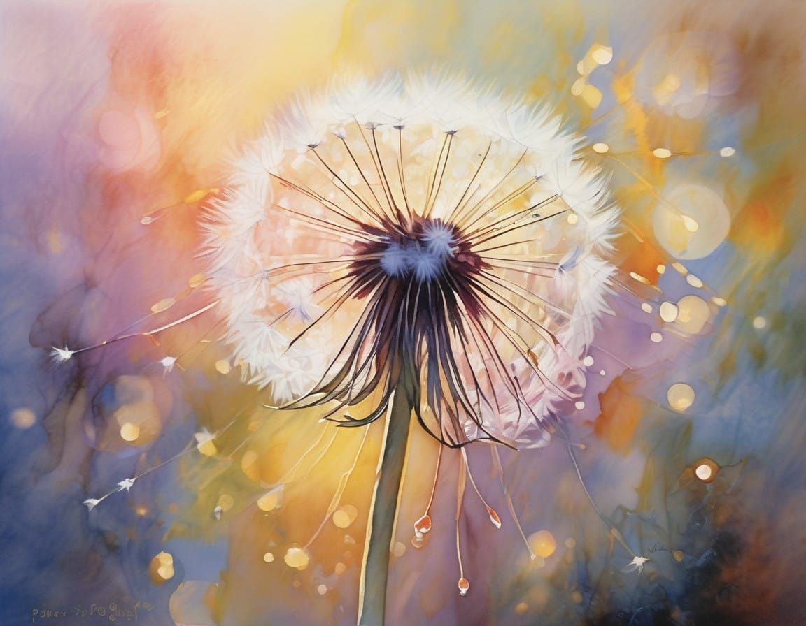 "A breathtaking close-up of dandelions in a surreal, dreamlike setting. The delicate seeds are captured mid-flight, illu...