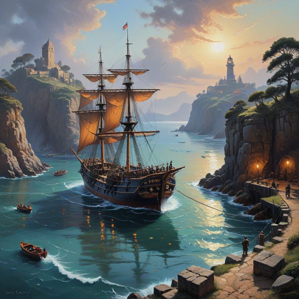 19th Century Harbour Scene in Oil Painting Style