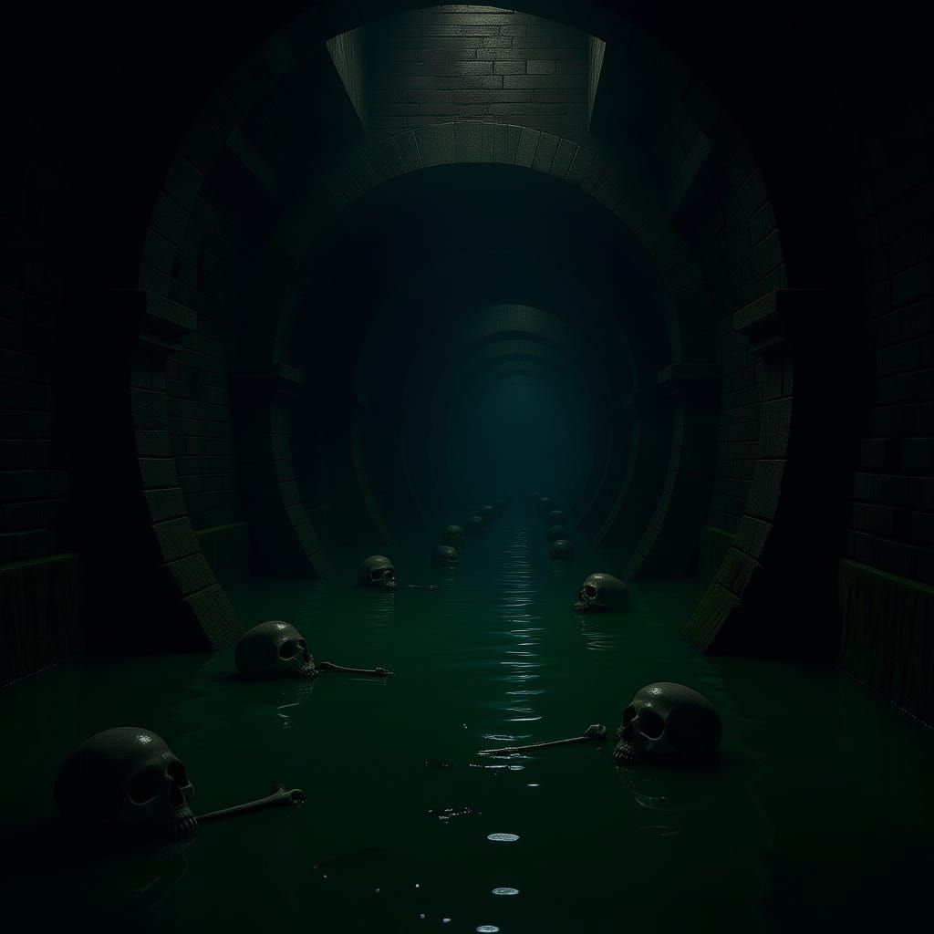 Bones and Guns in Dark Green Sewage Passage