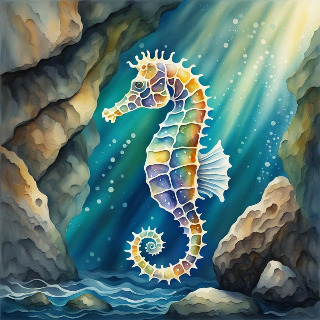 Watercolor Seahorse Swimming in Ocean Sunlight