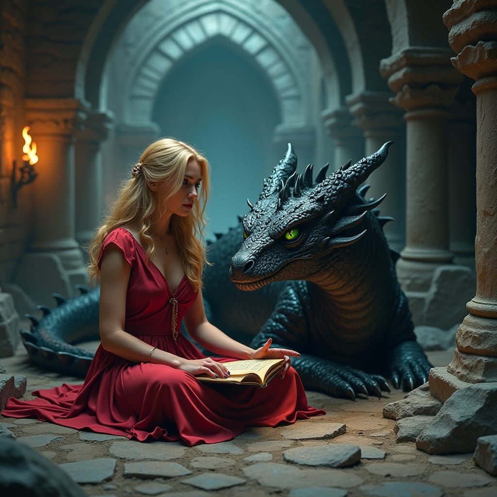 Woman and Dragon in Mystical Dungeon Art