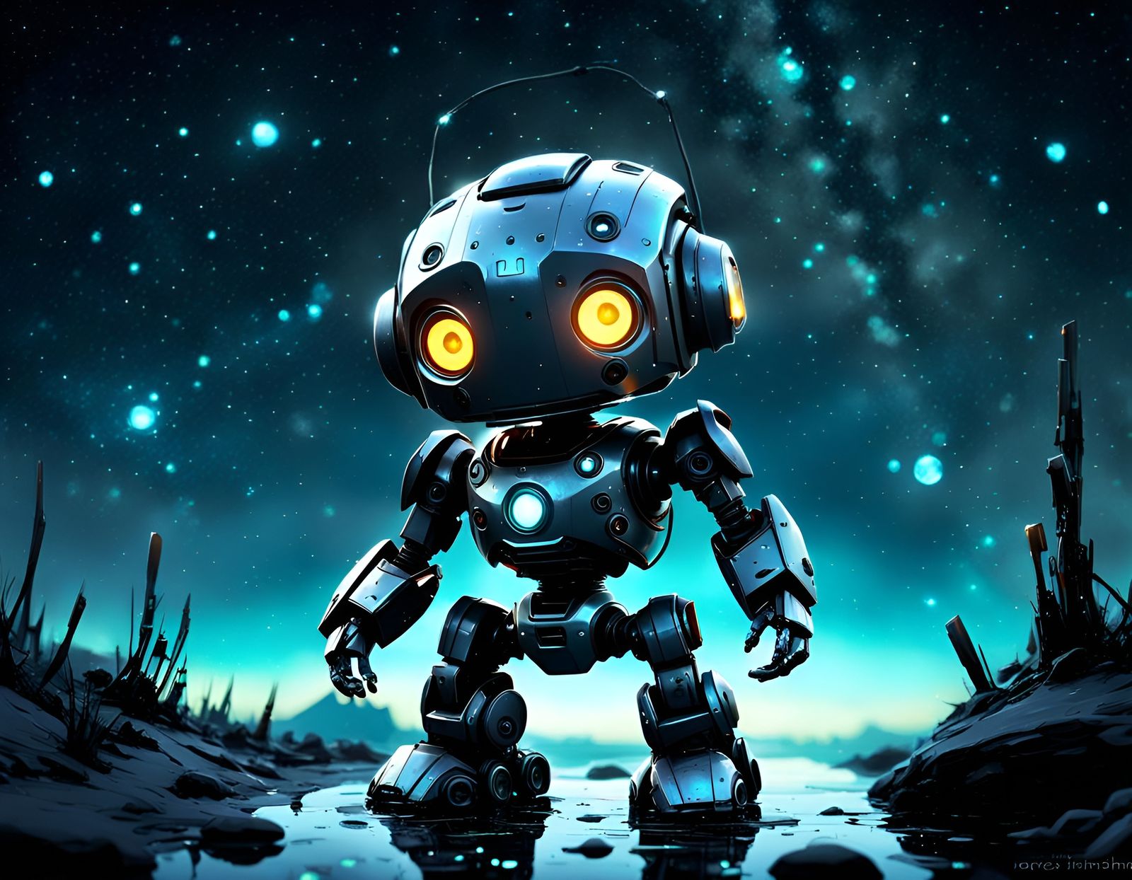 Adorable Chibi Robot Baby in Bioluminescent Night