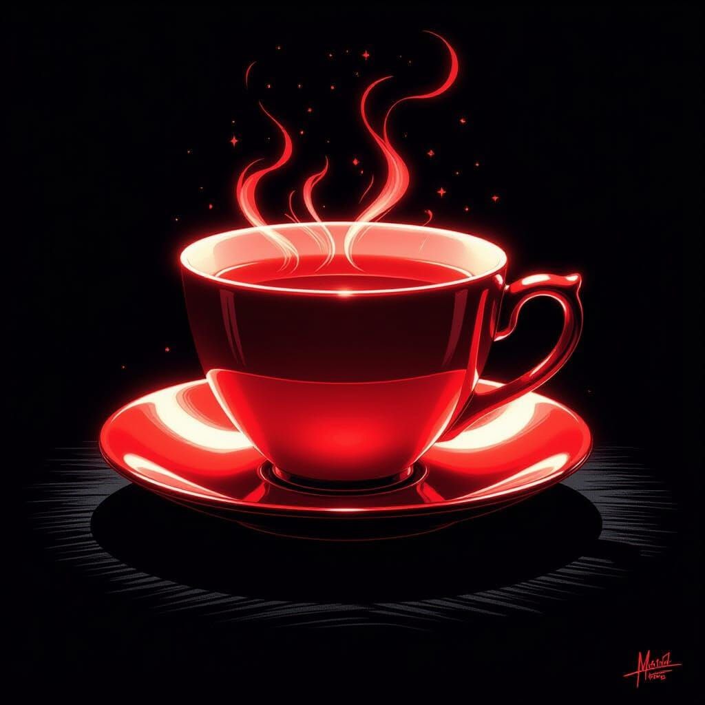 Neon Red Teacup and Saucer: Charcoal Drawing