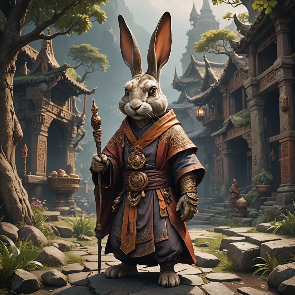 Anthropomorphic Rabbit Monk in Detailed Matte Painting