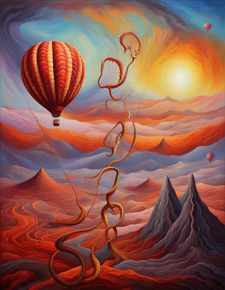 Surreal Snake and Hot Air Balloon in Volcano