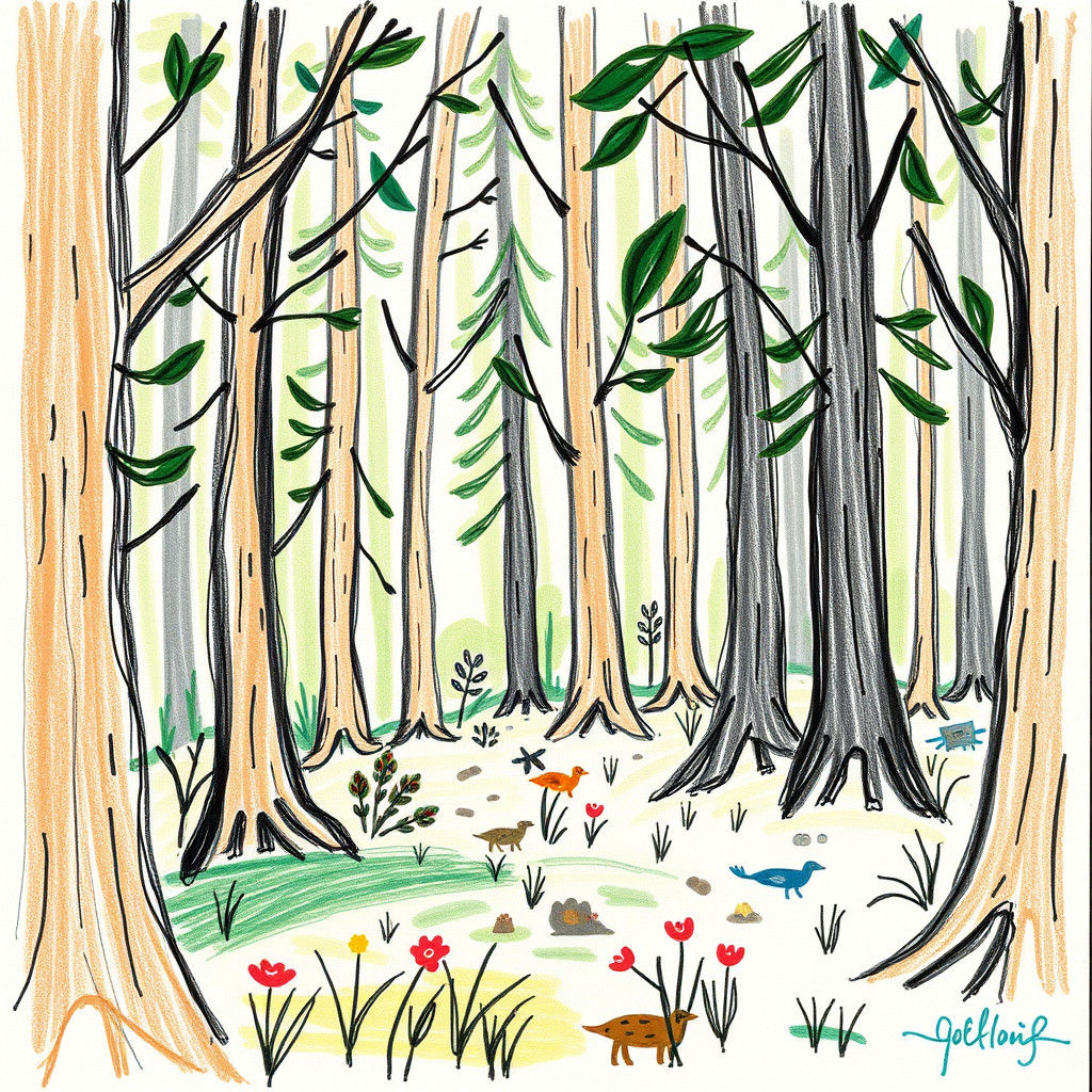 Whimsical Childlike Forest Scene as Digital Illustration