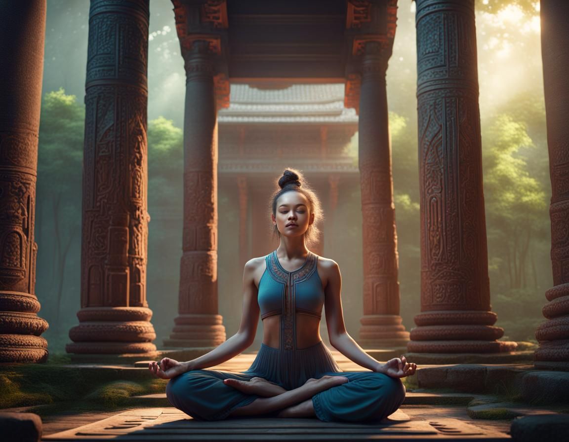 Woman Meditating in Forest Temple, Fantasy Concept Art
