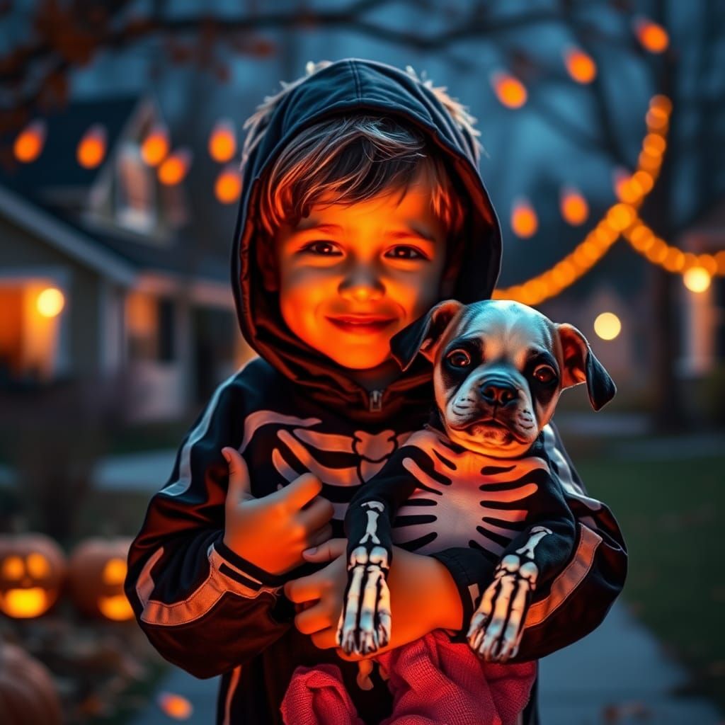 Boy and Puppy Trick-or-Treating in Skeleton Costumes