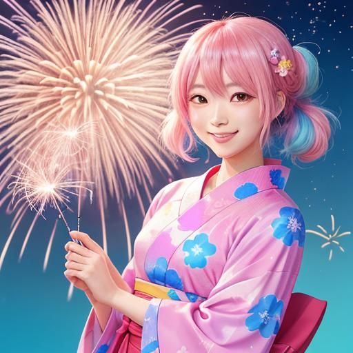Cute Girl with Fireworks in Kawaii Anime Style