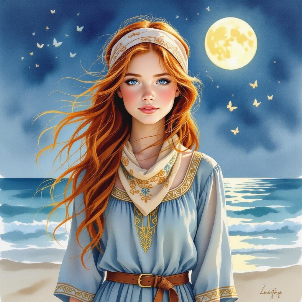 Red-Haired Girl with Butterflies: A Watercolor Painting