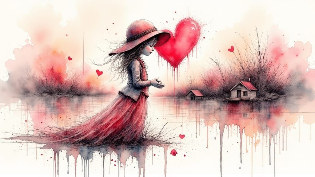 Watercolor Painting of a Romantic Figure in a Moody Landscap...