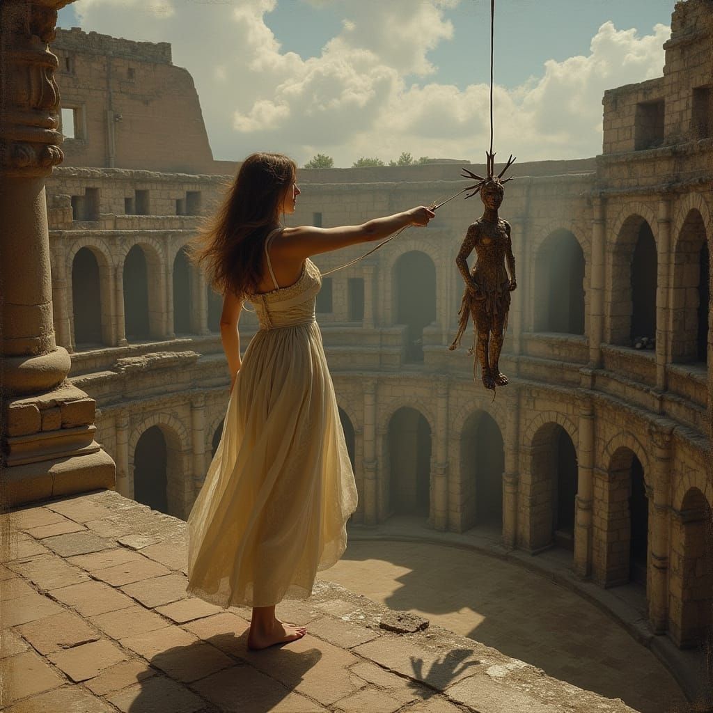 Heroic Scene of a Classical Damsel Rescuing a Hanging Monkey...