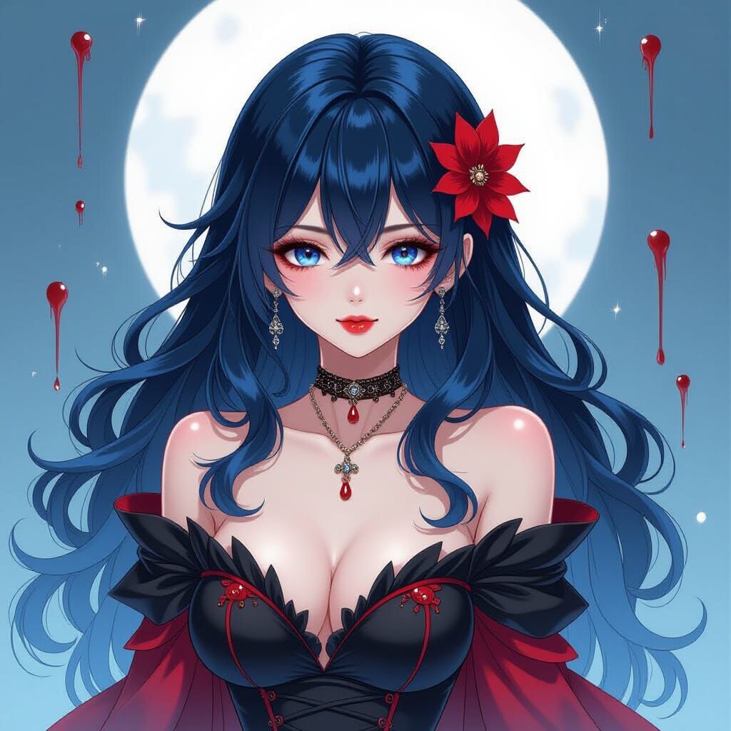 Elegant Anime Vampire Siren with Black and Blue Hair