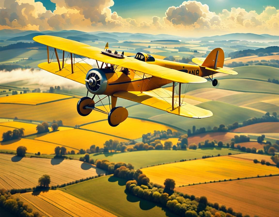 Vintage Yellow Biplane Over French Countryside