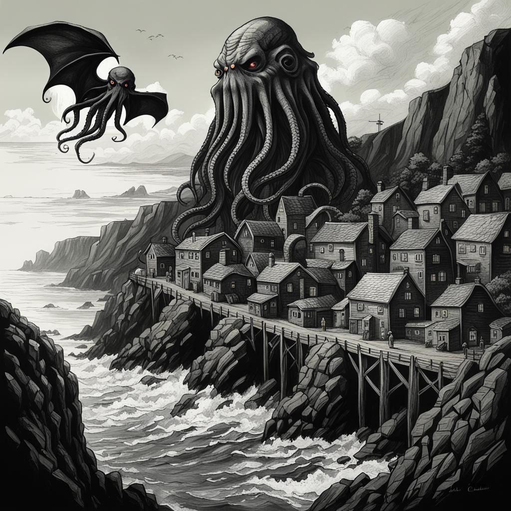 Cthulhu Towers Over Village: A Lovecraftian Vision