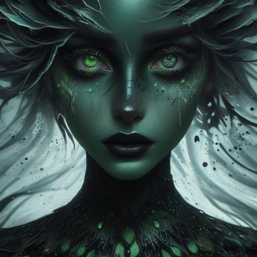 Ethereal Lily Collins in Stark Green and Black Splash Art