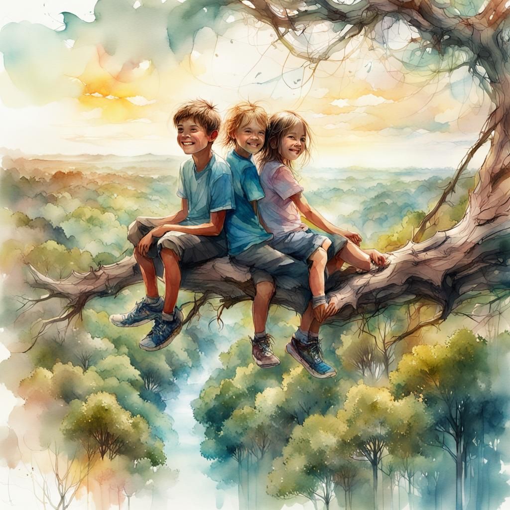 Joyful Siblings in Lush Landscape, Digital Watercolor