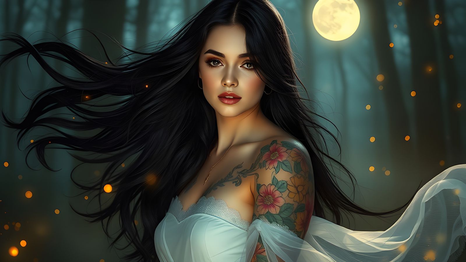 Ethereal Woman with Floral Tattoos in Digital Painting