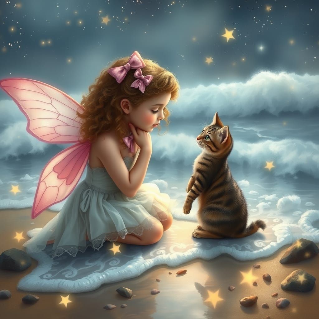 A beautiful fairy with butterfly wings and a pink bow in her hair kneels on the shore of a starry beach, looking tenderl...