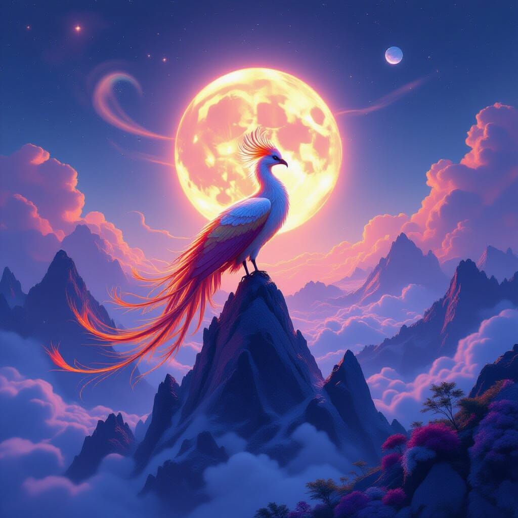 Cosmic Phoenix on Crystal Mountain Under Twin Suns