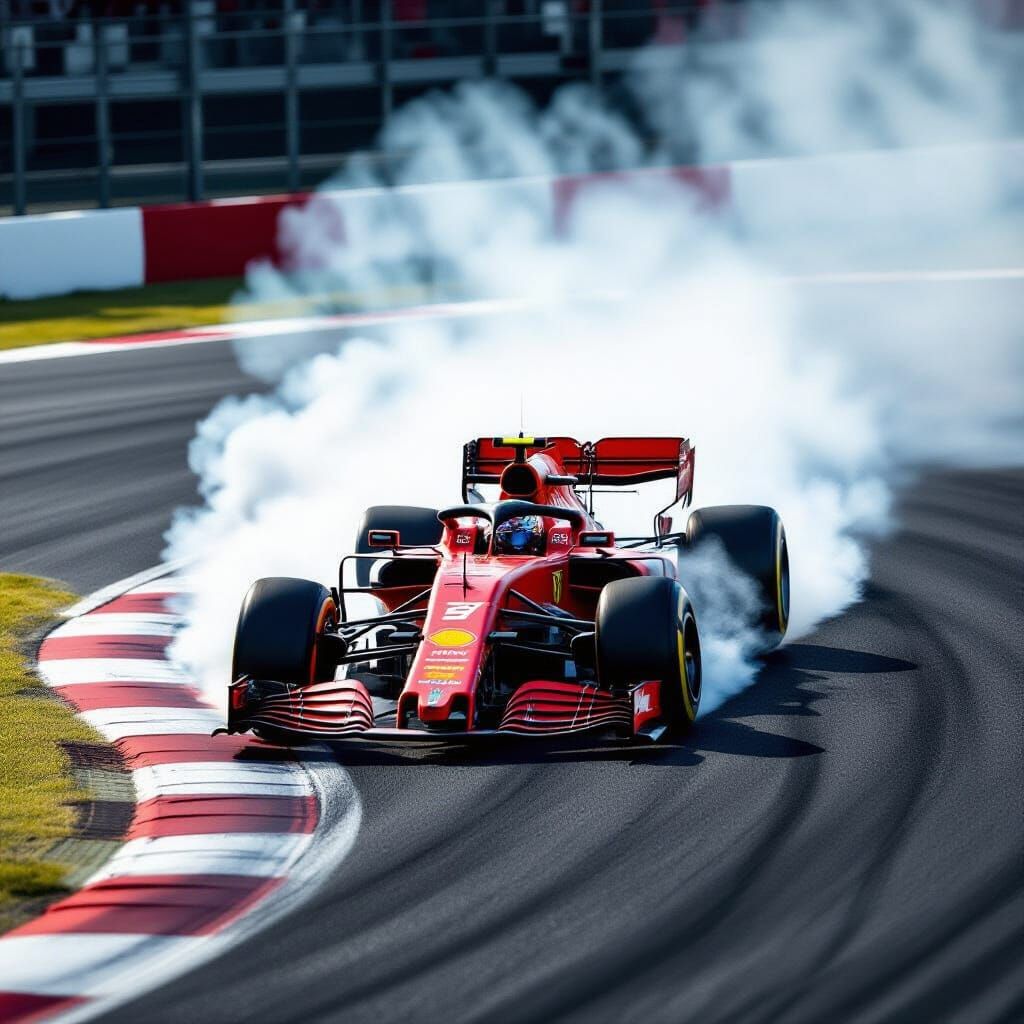 Red F1 Car Braking Hard, Tire Smoke Billowing