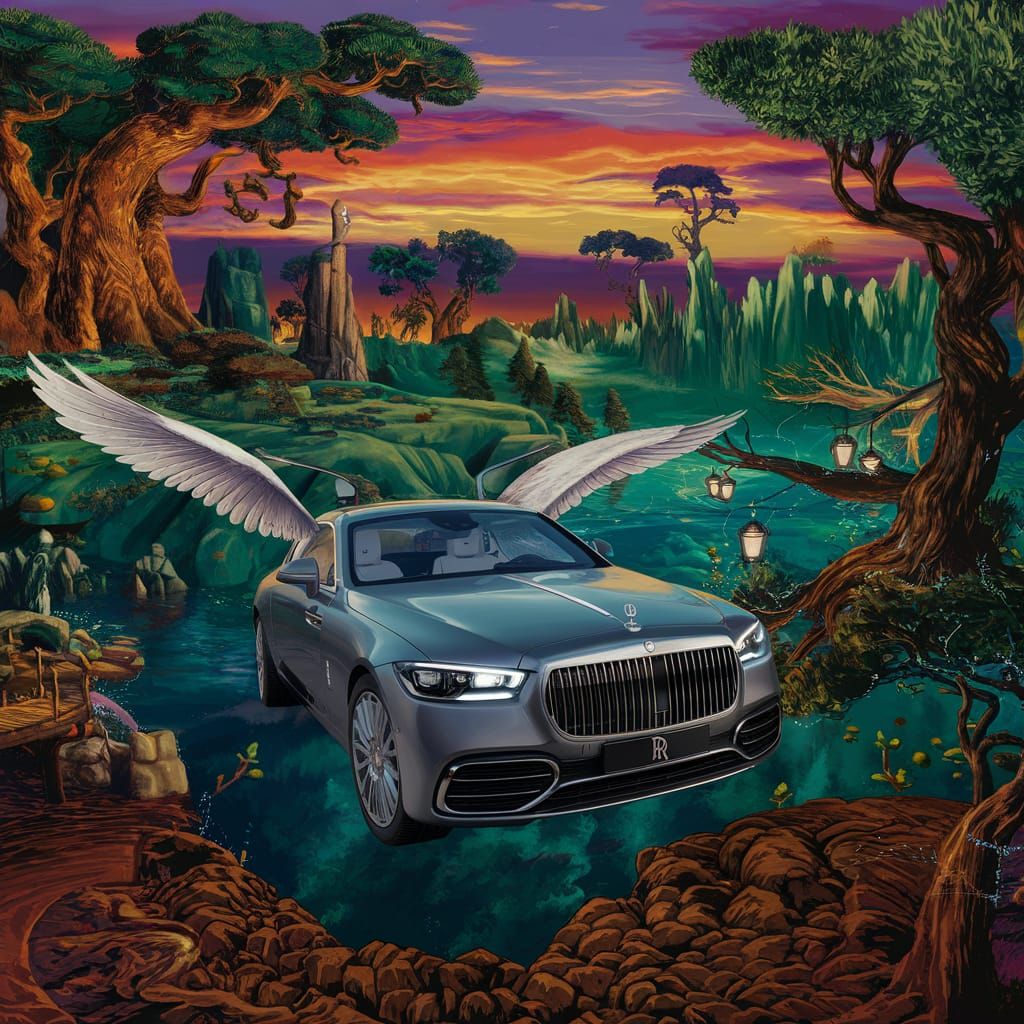 Flying Hybrid Car Over Lush Forest at Sunset
