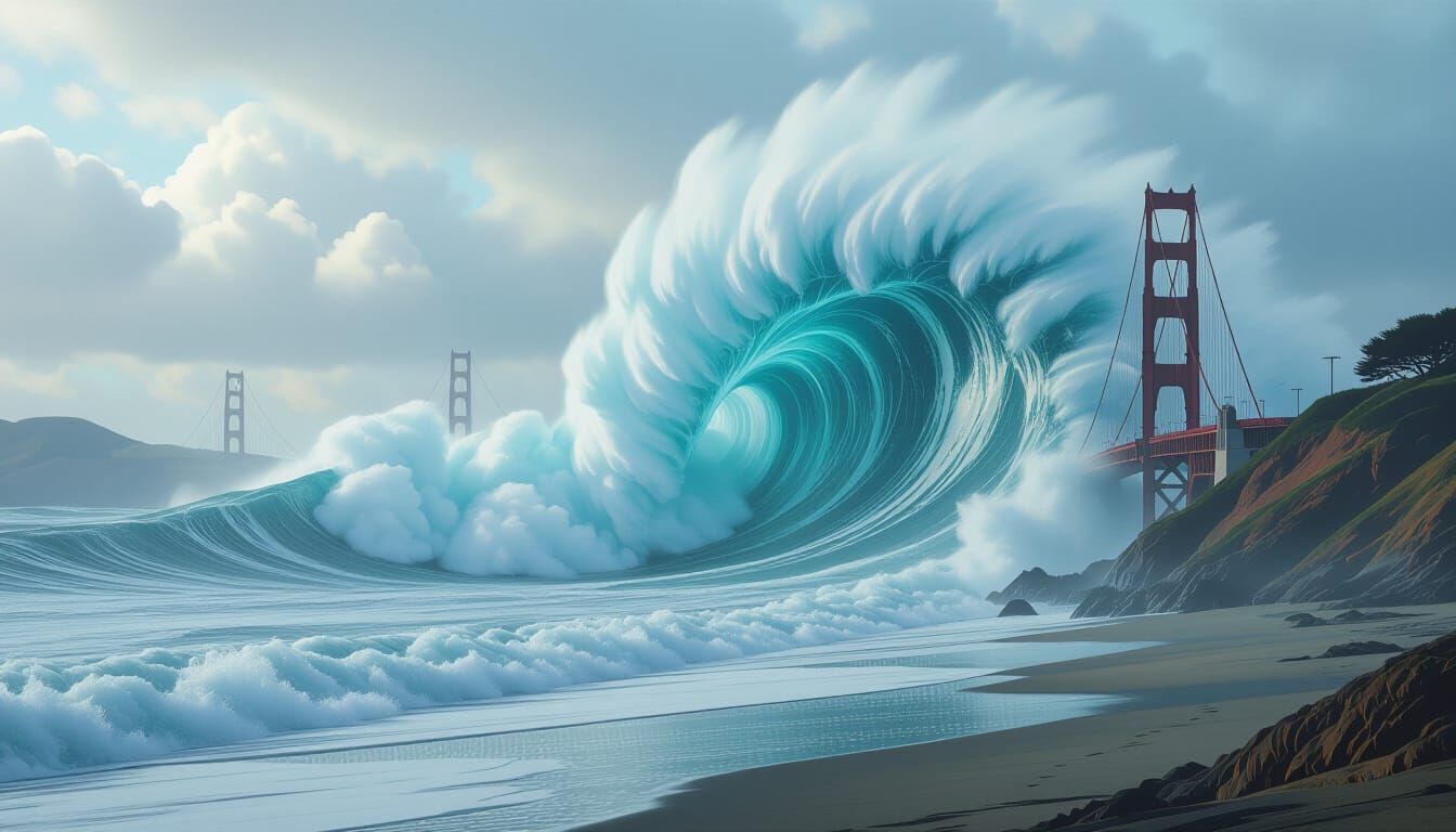 San Francisco Coastline Under Massive Tsunami Wave