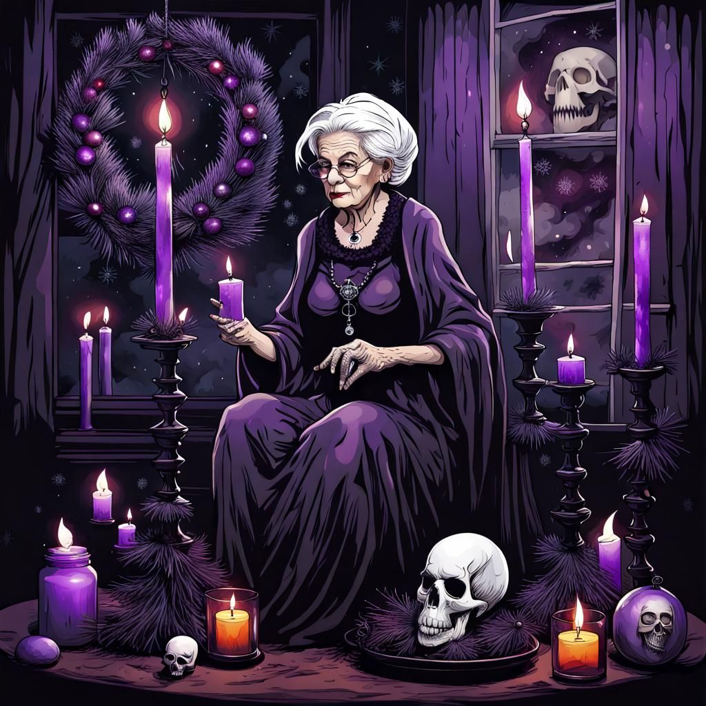 Gothic Witch Decorates a Spindly Christmas Tree