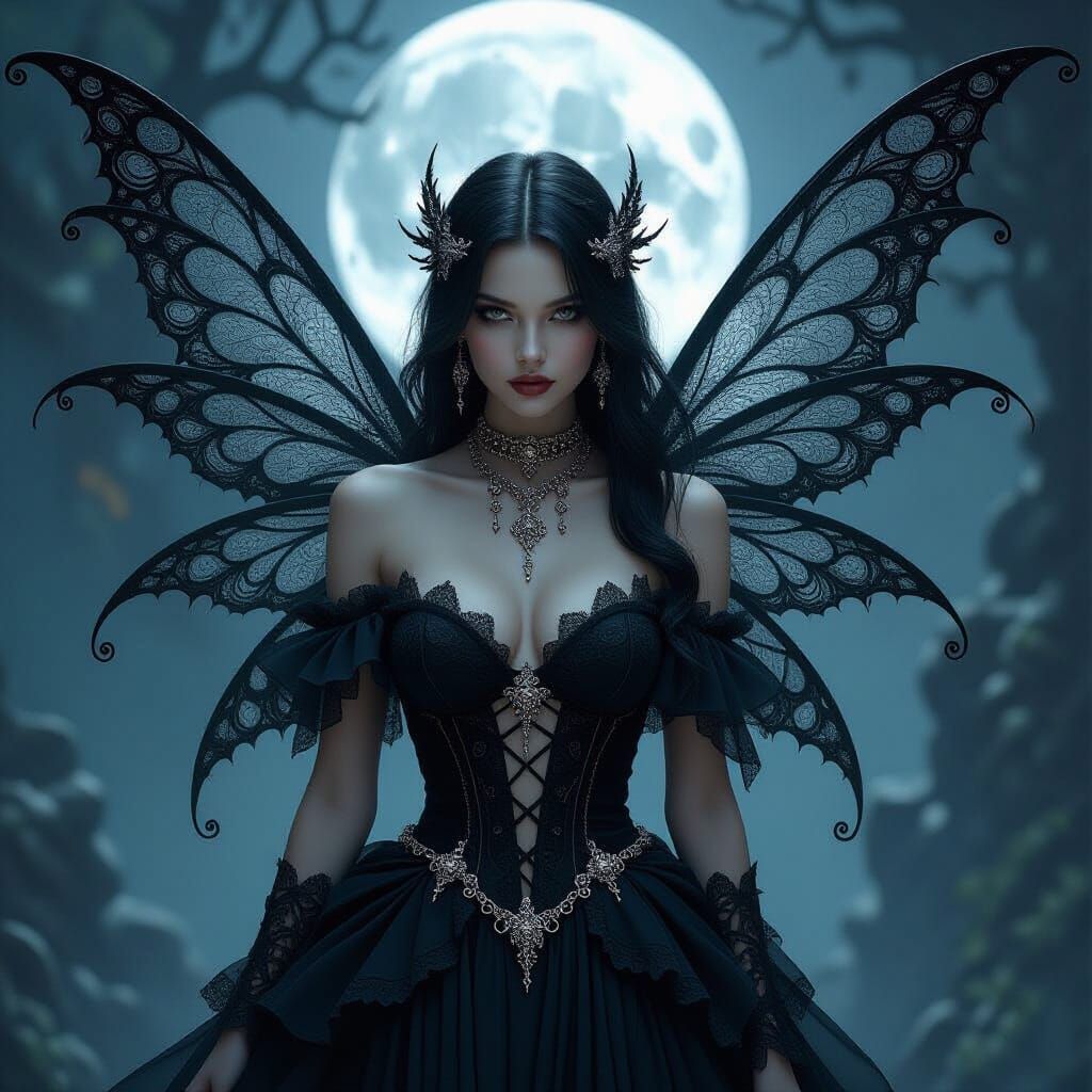 Gothic Fairy with Lace Wings in Moonlit Scene