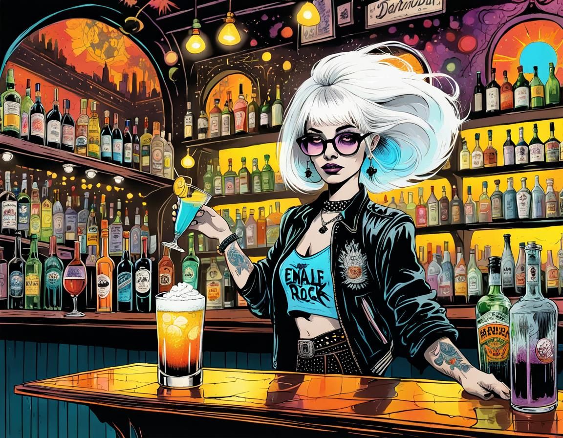 Punk Rock Bartender in Storybook Illustration Style