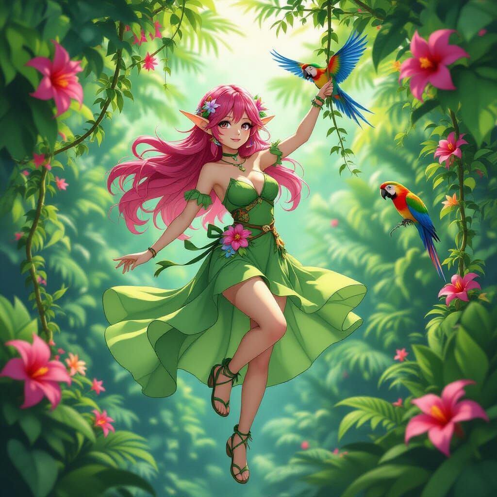 Tropical Elf Swinging in Lush Jungle, 3D Anime Art