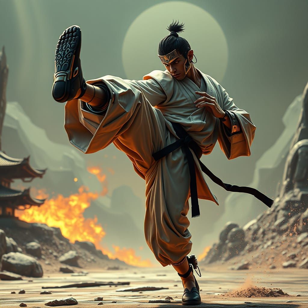 Futuristic Android Karate Master in Ukiyo-e Style