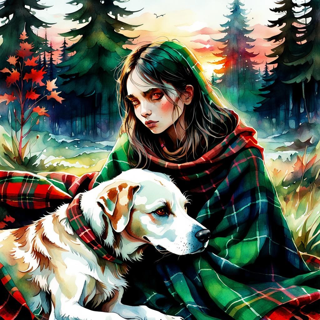 Tired young girl and her dog