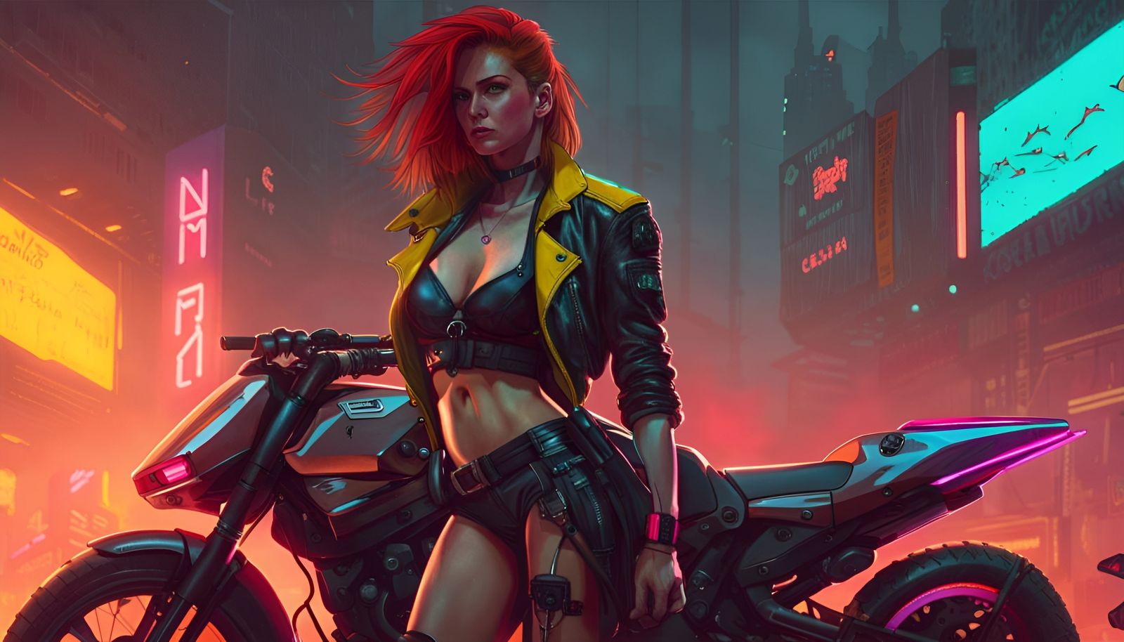 Redhead Cyberpunk Girl with Motorcycle and Weapons