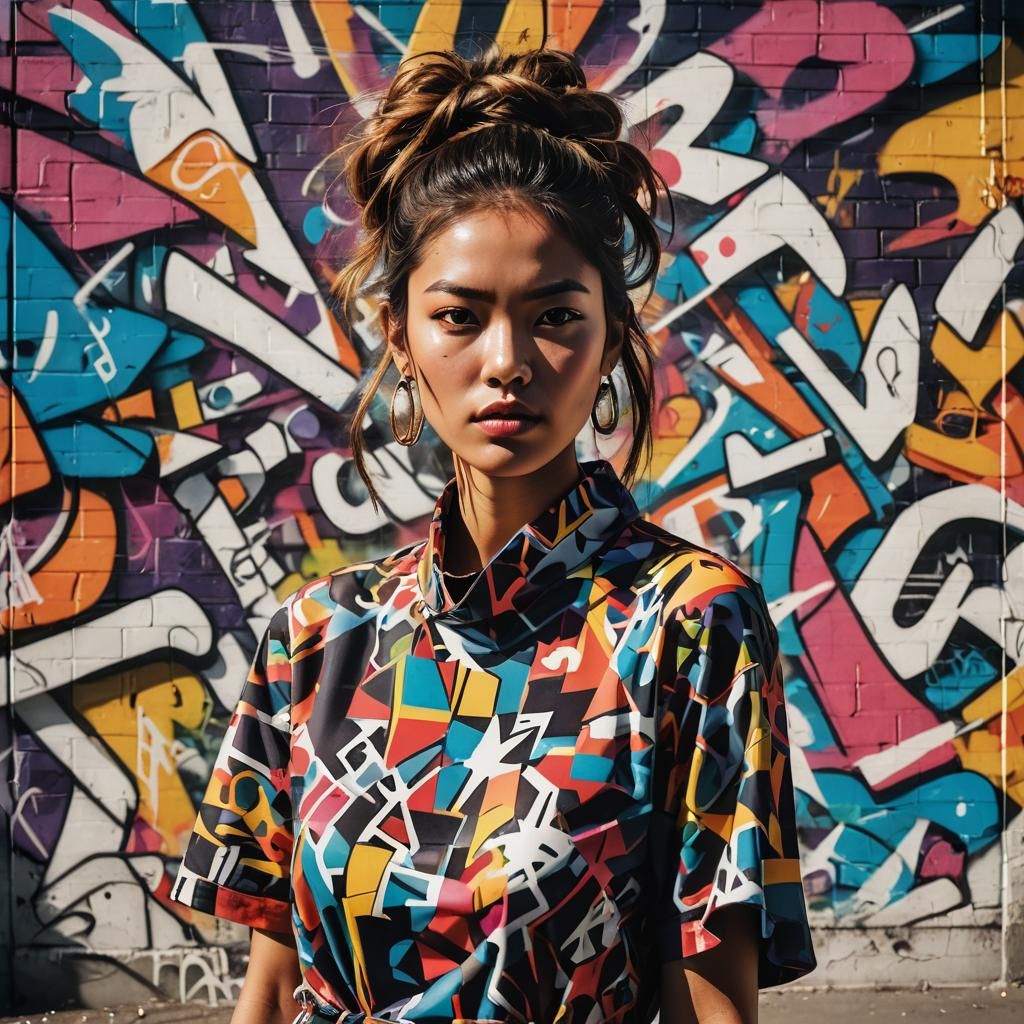 Dynamic Street Art Portrait in 90s Fashion Style