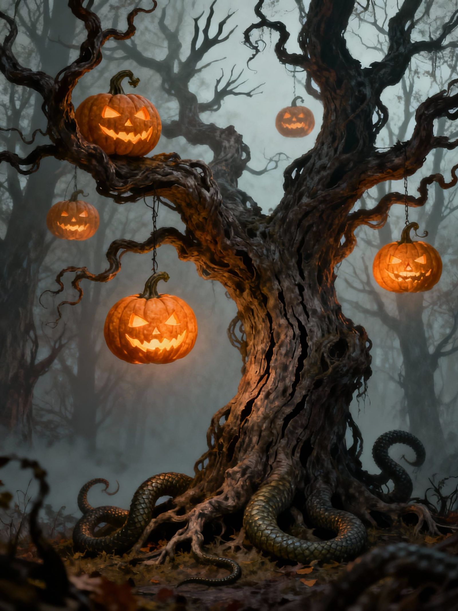 Giant Twisted Tree with Glowing Pumpkin Lanterns