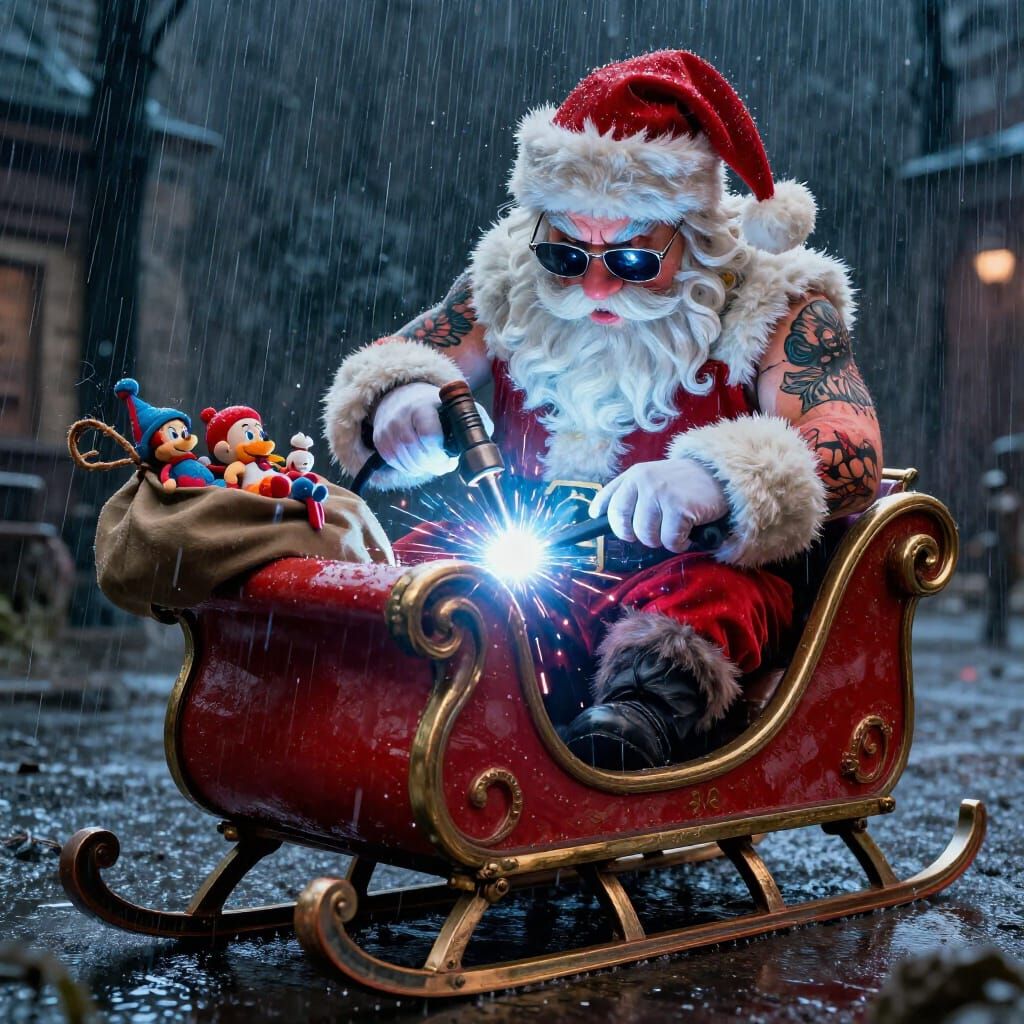 Tattooed Santa Welding Gangster Sleigh in Rain