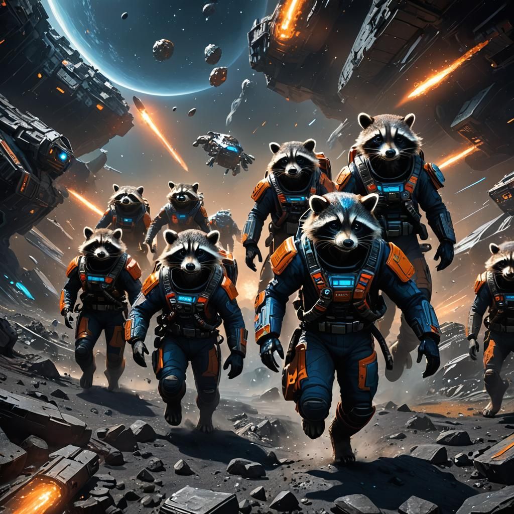 Space Raccoons in Asteroid Field: Cinematic Concept Art