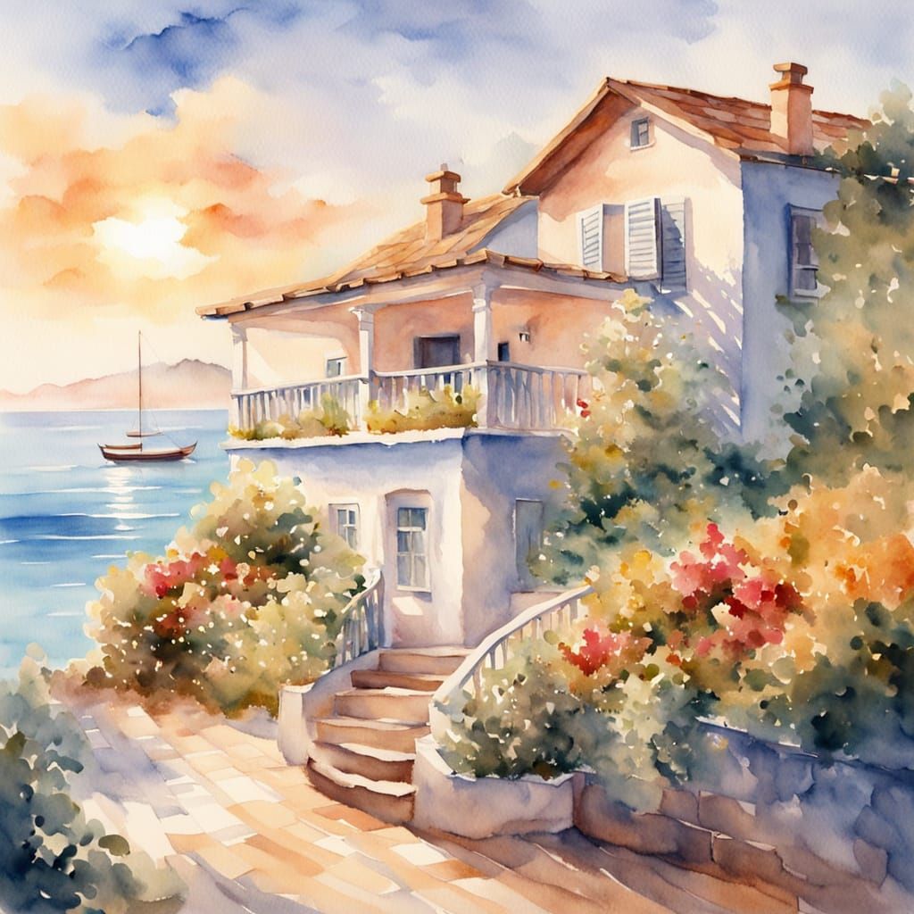 Seaside Villa with Terrace in Watercolor Style