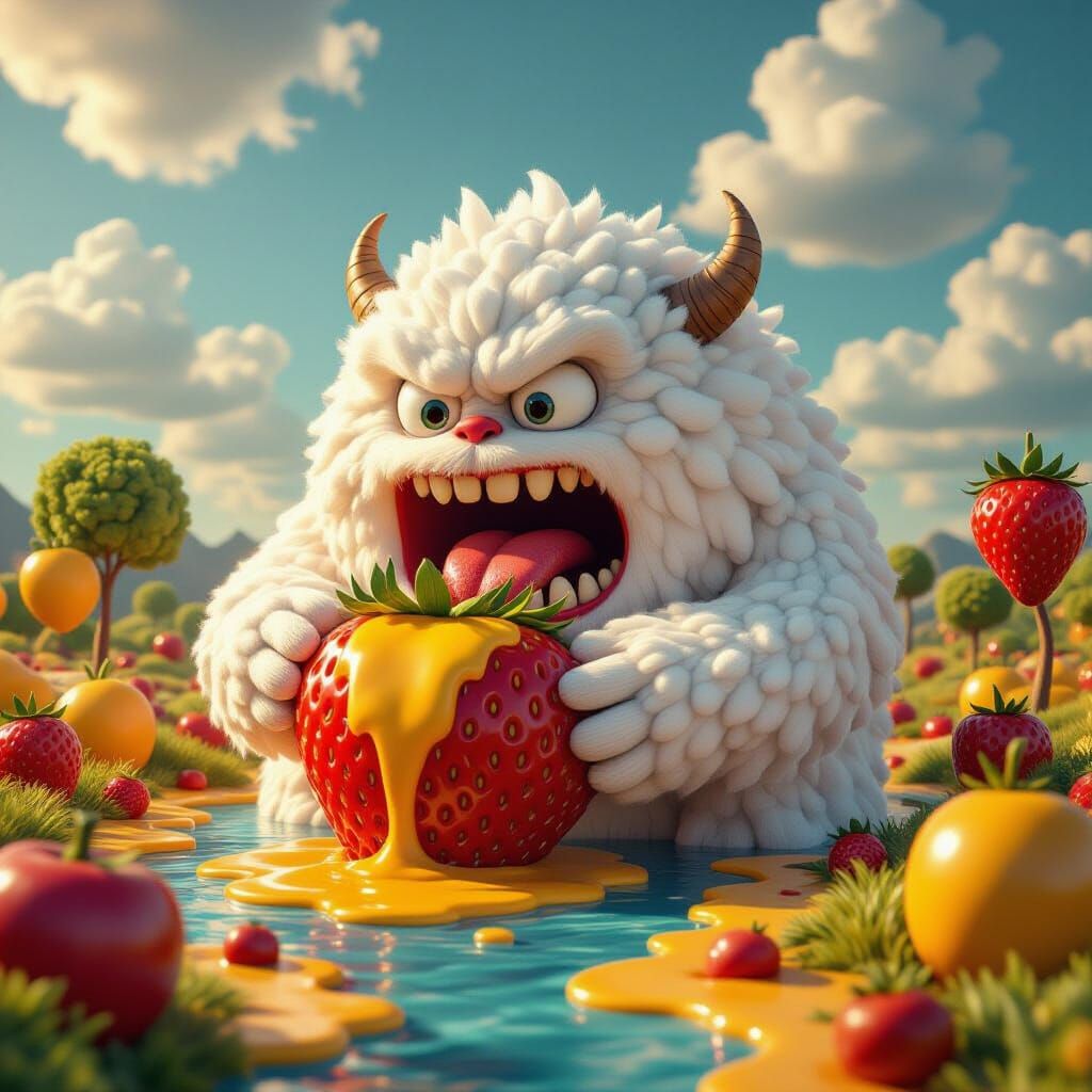 Fluffy Cotton Monster Eats Giant Strawberry in Surreal Lands...