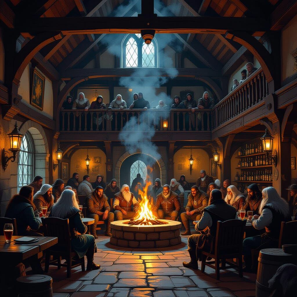 Fantasy Tavern Scene with Diverse Patrons and Warm Lighting